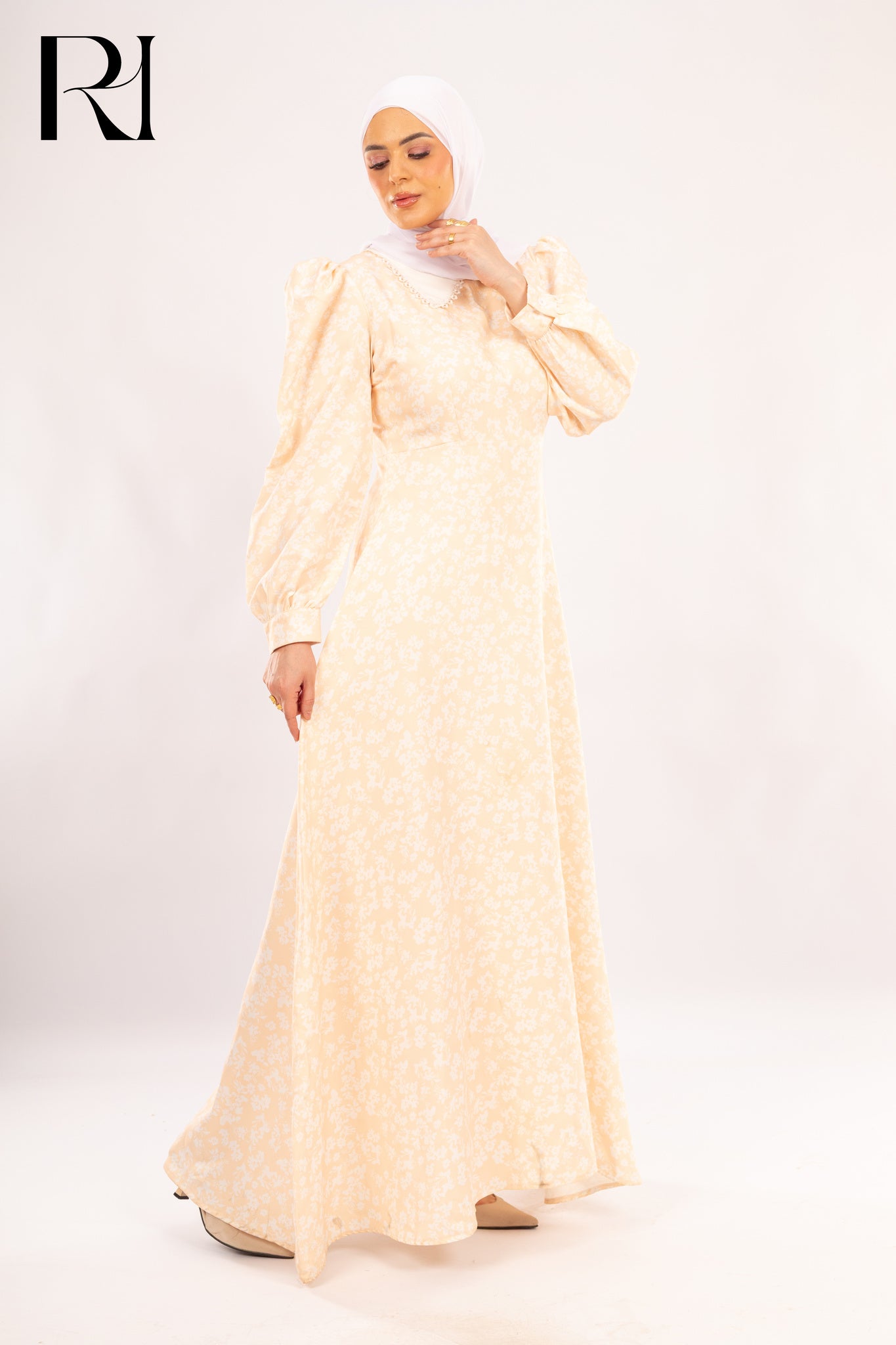 Lina Cream Floral Puff Sleeve Maxi Modest Dress - Ruehaya