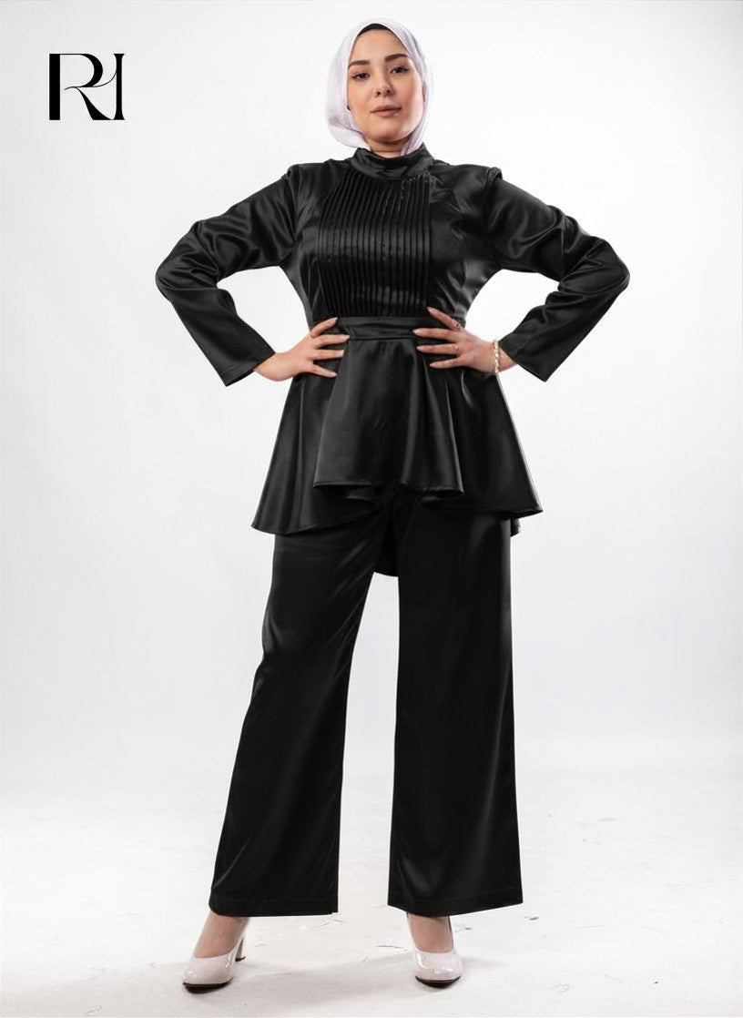 Farah Satin Two Piece Set - Black