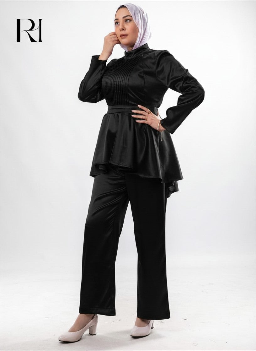 Farah Satin Two Piece Set - Black