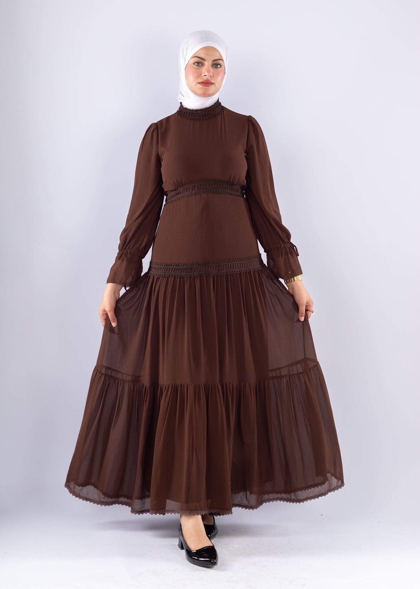 Maysa Brown Chiffon Maxi Dress with Lace Sleeves - Ruehaya