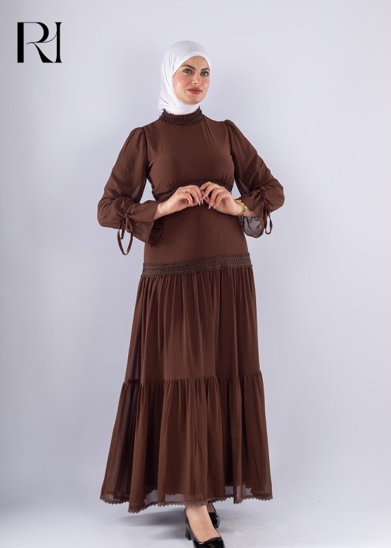 Maysa Brown Chiffon Maxi Dress with Lace Sleeves - Ruehaya