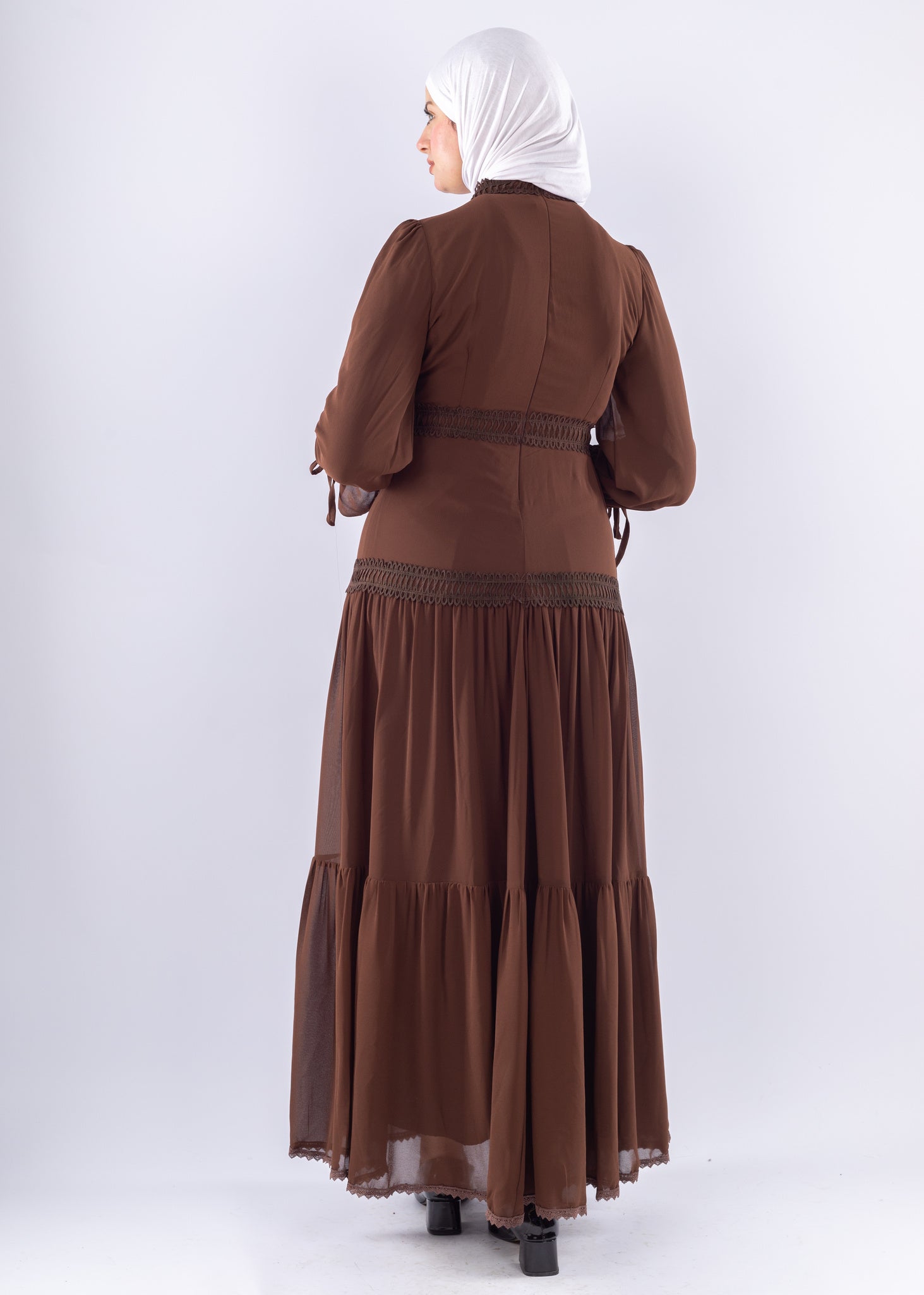 Maysa Brown Chiffon Maxi Dress with Lace Sleeves - Ruehaya