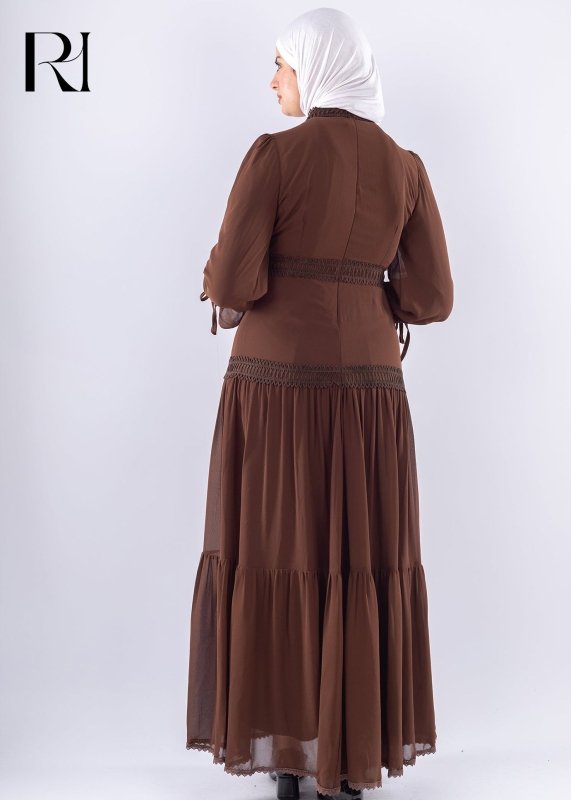 Maysa Brown Chiffon Maxi Dress with Lace Sleeves - Ruehaya