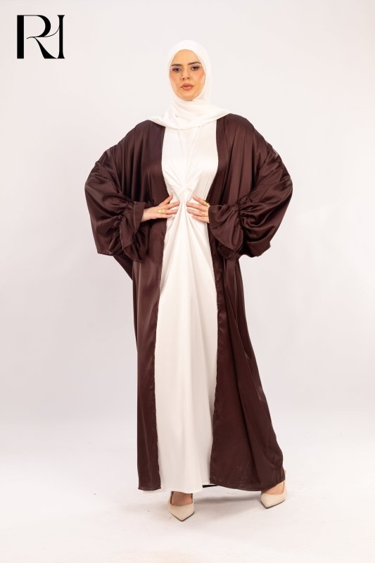 Midnight Cocoa Elegance Draped Satin Abaya over Ivory Glow - Ruehaya