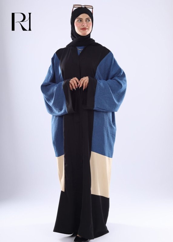 Modern Oversized Denim Abaya with Contrast Panels - Ruehaya