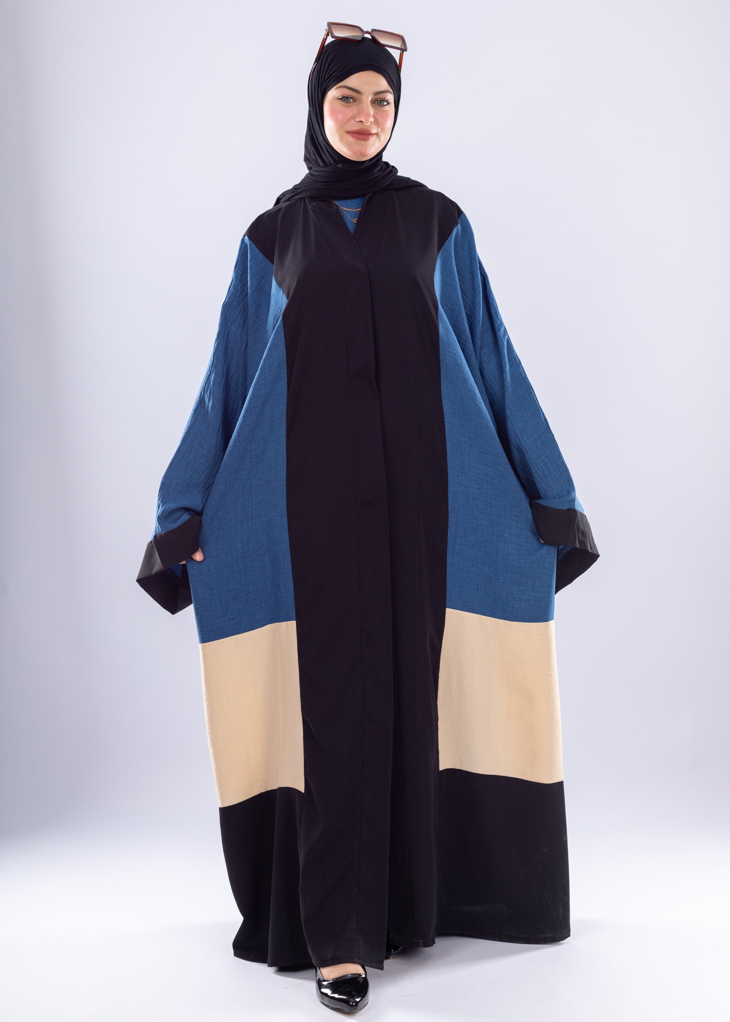 Modern Oversized Denim Abaya with Contrast Panels - Ruehaya