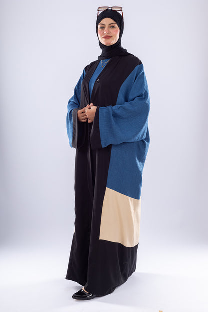 Modern Oversized Denim Abaya with Contrast Panels - Ruehaya