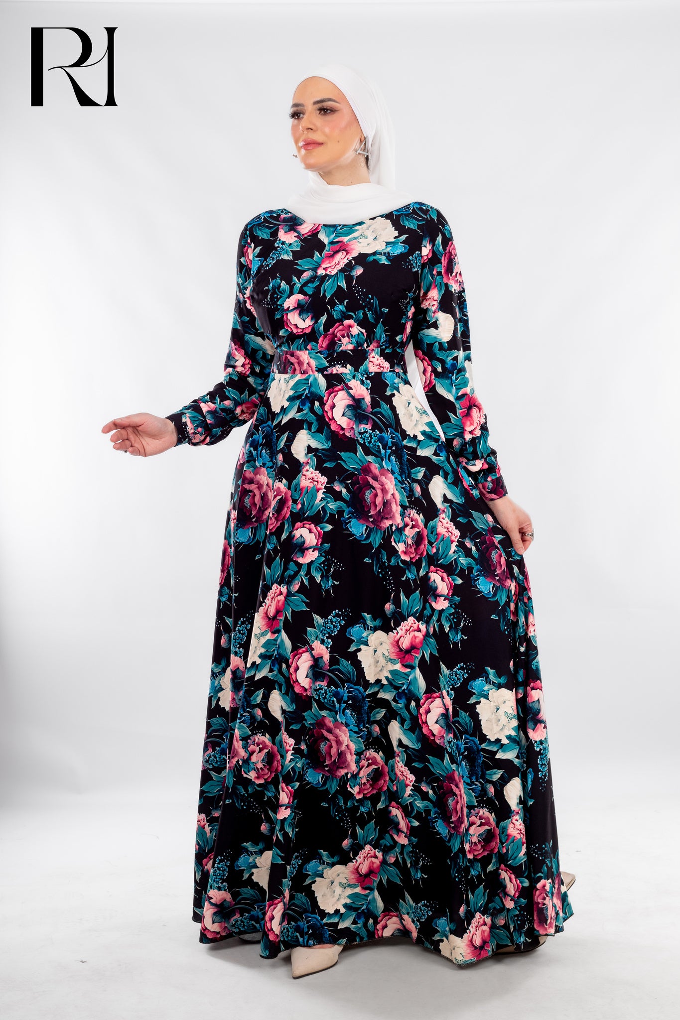Modest Black Floral Maxi Dress with Grace - Ruehaya