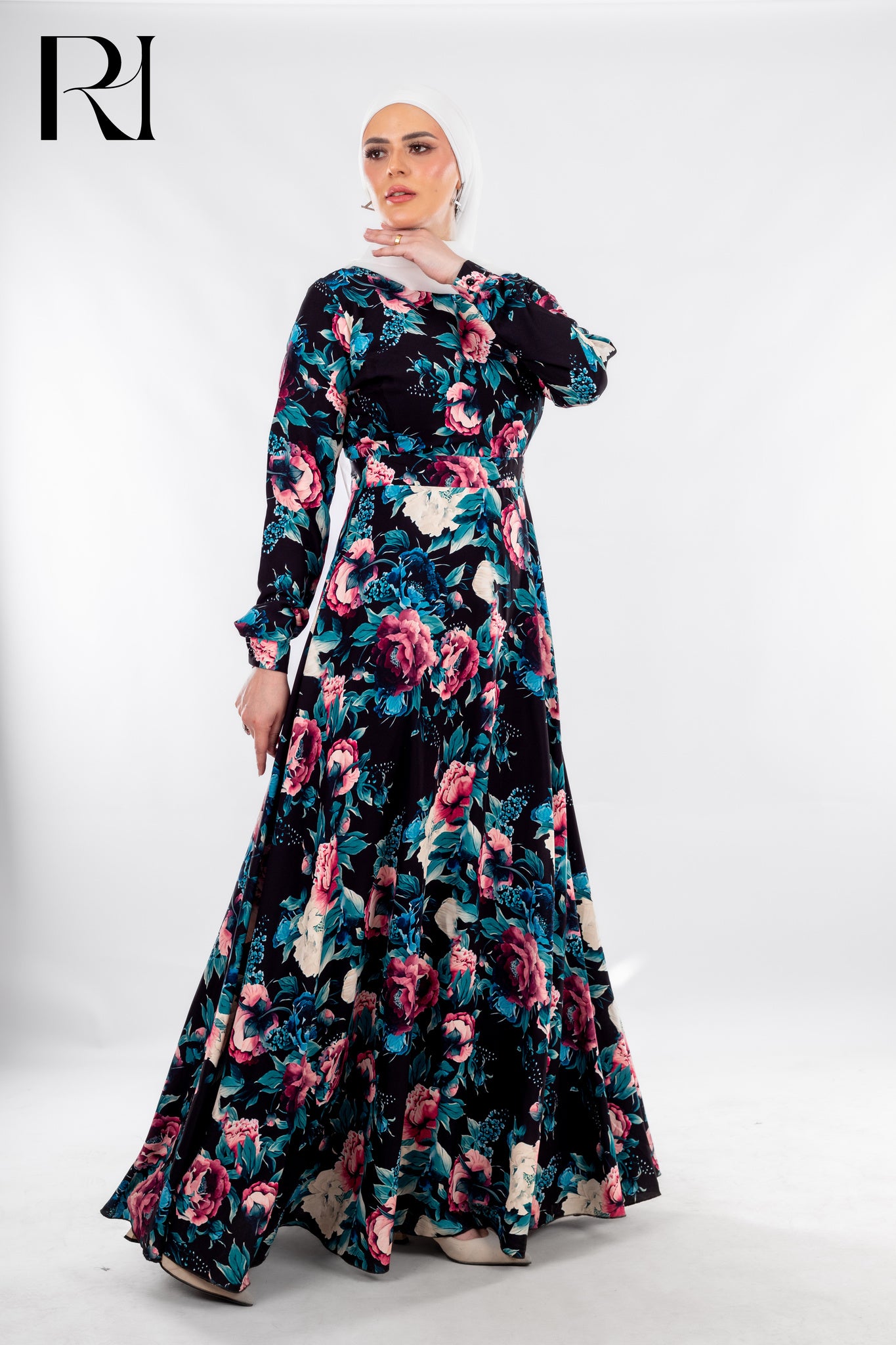 Modest Black Floral Maxi Dress with Grace - Ruehaya