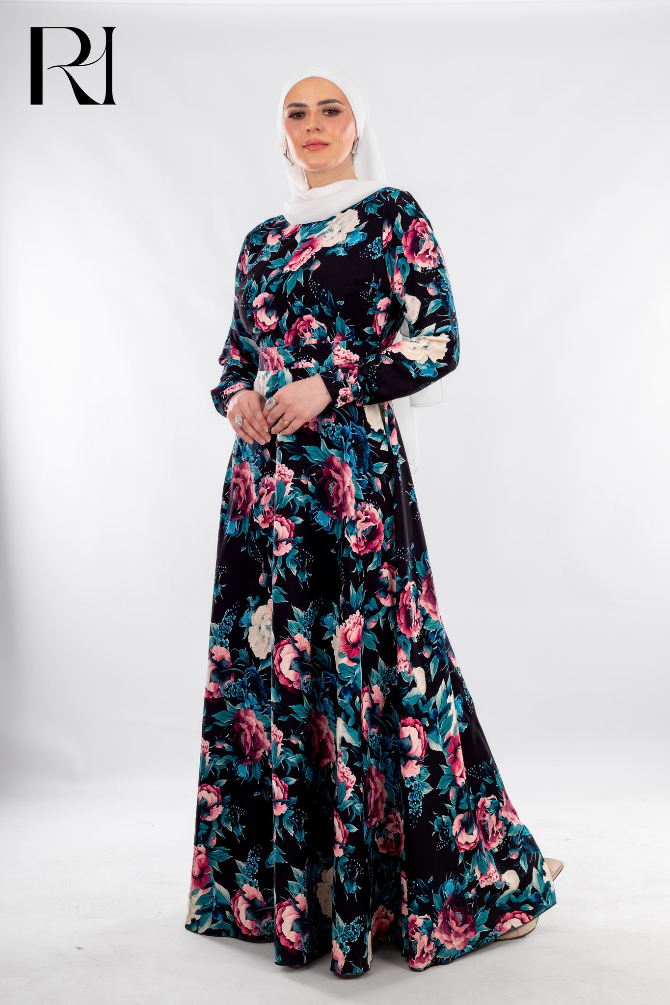 Modest Black Floral Maxi Dress with Grace - Ruehaya