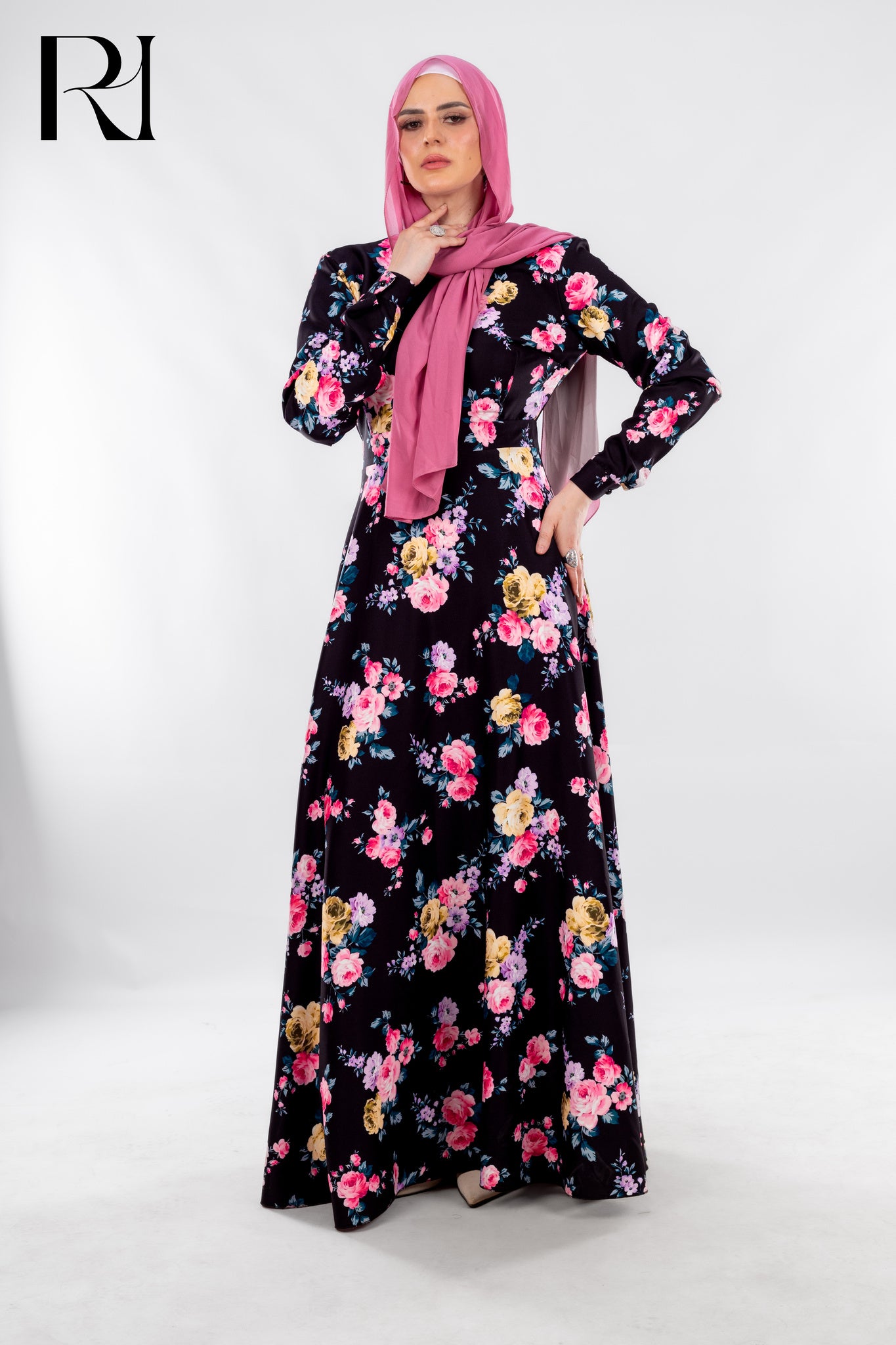 Modest Black Maxi Dress with Pink Blossoms - Ruehaya