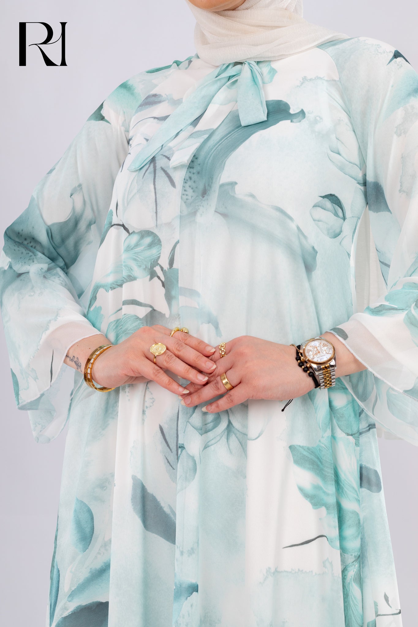 Modest Blue Floral Chiffon Maxi Dress - Ruehaya