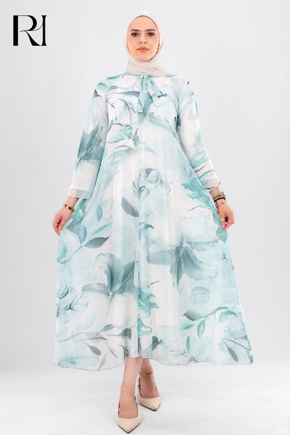 Modest Blue Floral Chiffon Maxi Dress - Ruehaya