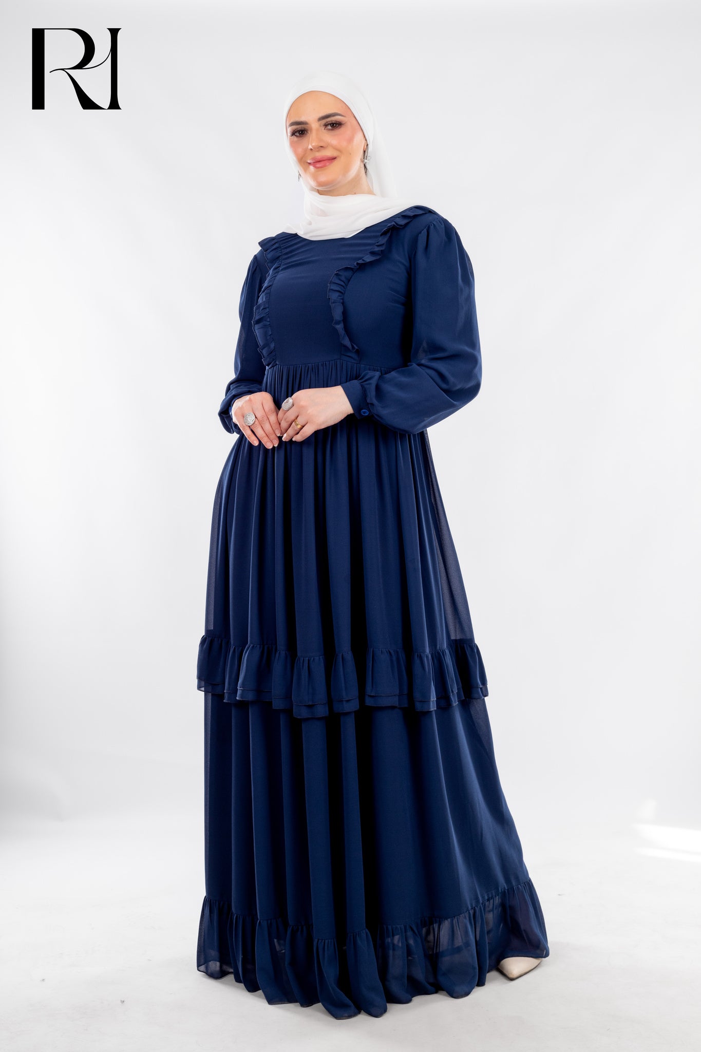 Modest Petroleum Maxi Dress with Ruffle Grace - Ruehaya