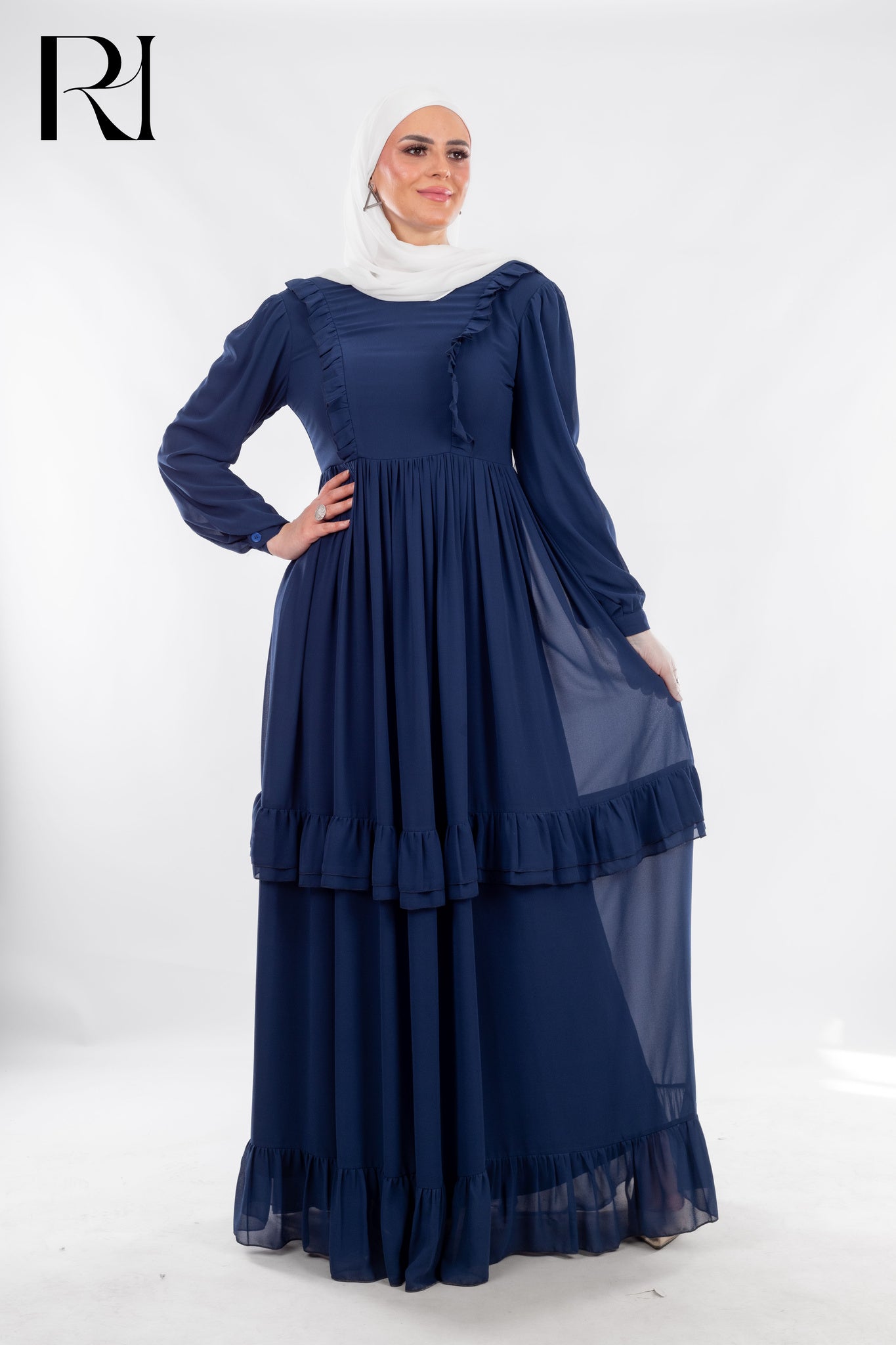 Modest Petroleum Maxi Dress with Ruffle Grace - Ruehaya