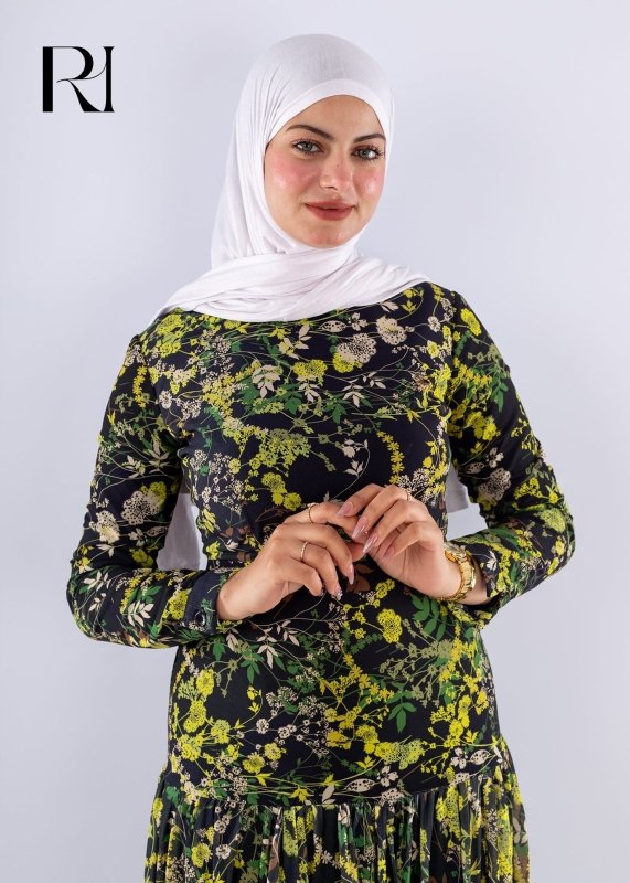 Naseem Black and green Floral Print Maxi Dress - Ruehaya