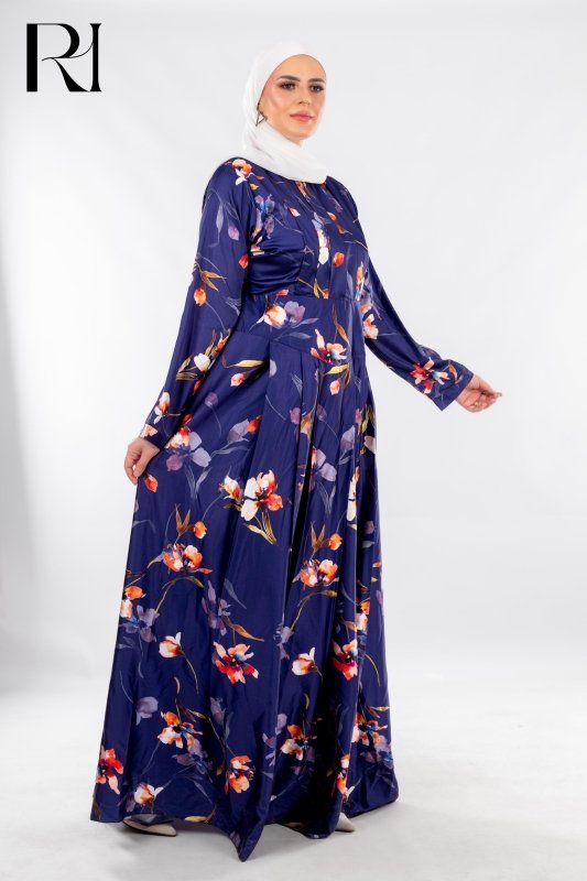Navy Floral Pleated Maxi with Sunset Tones - Ruehaya