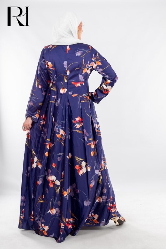Navy Floral Pleated Maxi with Sunset Tones - Ruehaya