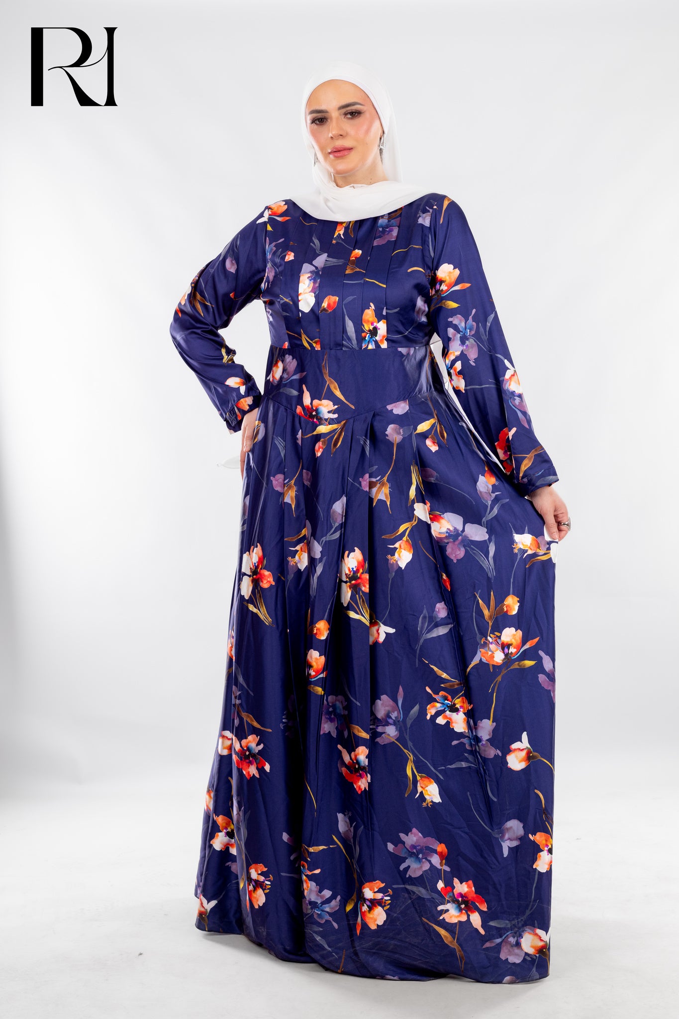 Navy Floral Pleated Maxi with Sunset Tones - Ruehaya