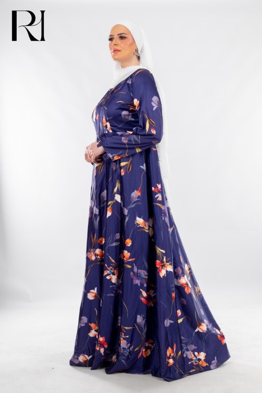 Navy Floral Pleated Maxi with Sunset Tones - Ruehaya