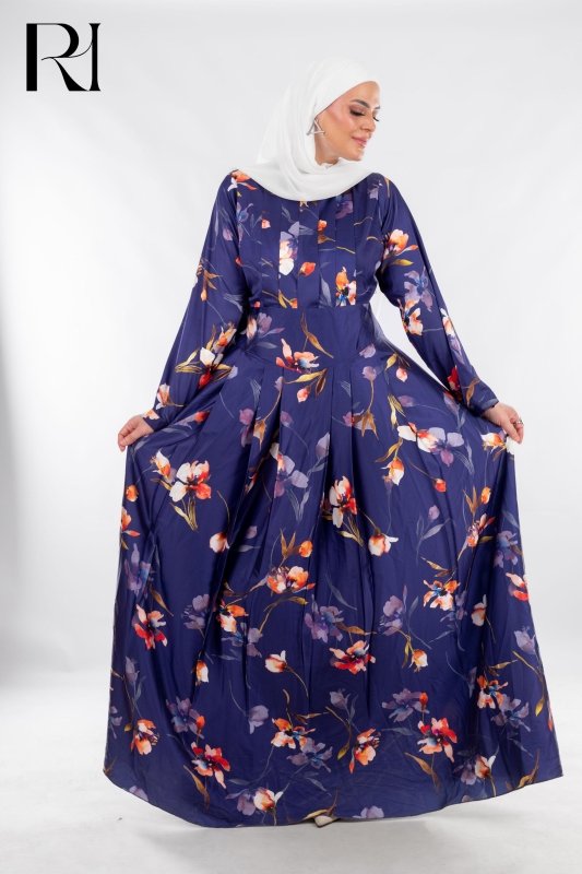 Navy Floral Pleated Maxi with Sunset Tones - Ruehaya