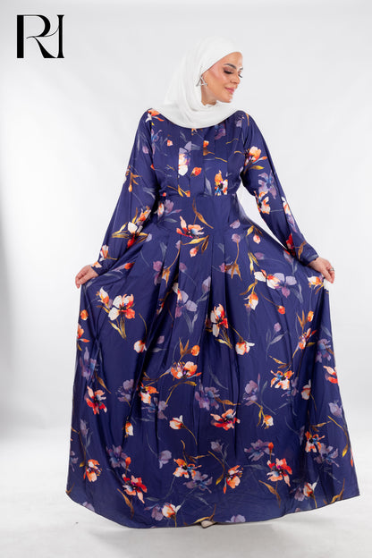 Navy Floral Pleated Maxi with Sunset Tones - Ruehaya