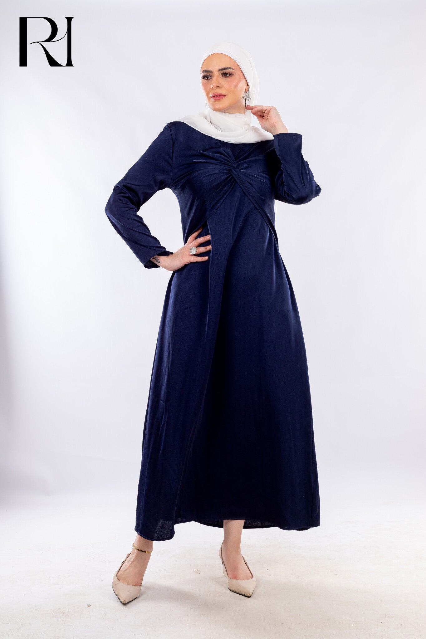 Navy Twist Front Maxi with Subtle Elegance - Ruehaya