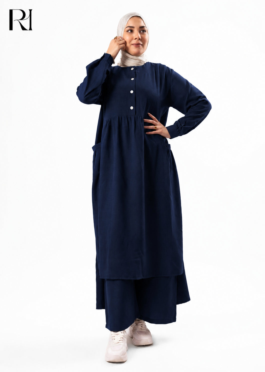 Maram Linen Blend Two-Piece Modest Set – Navy