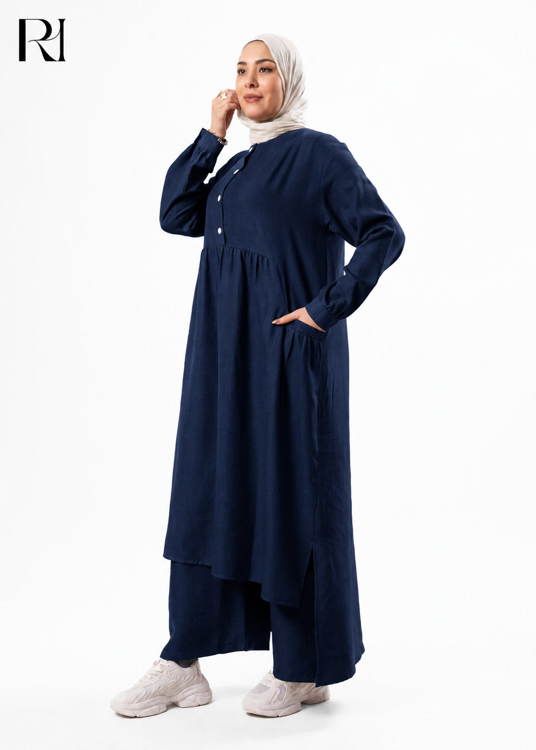 Maram Linen Blend Two-Piece Modest Set – Navy