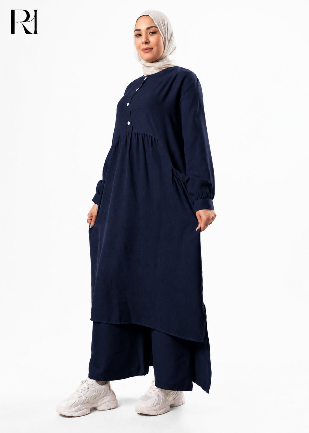 Maram Linen Blend Two-Piece Modest Set – Navy