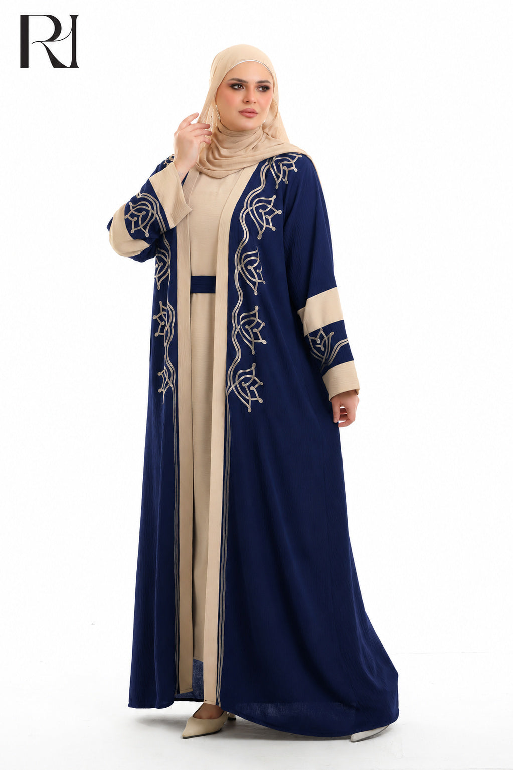 Samira Embroidered Crepe Abaya Set - Navy