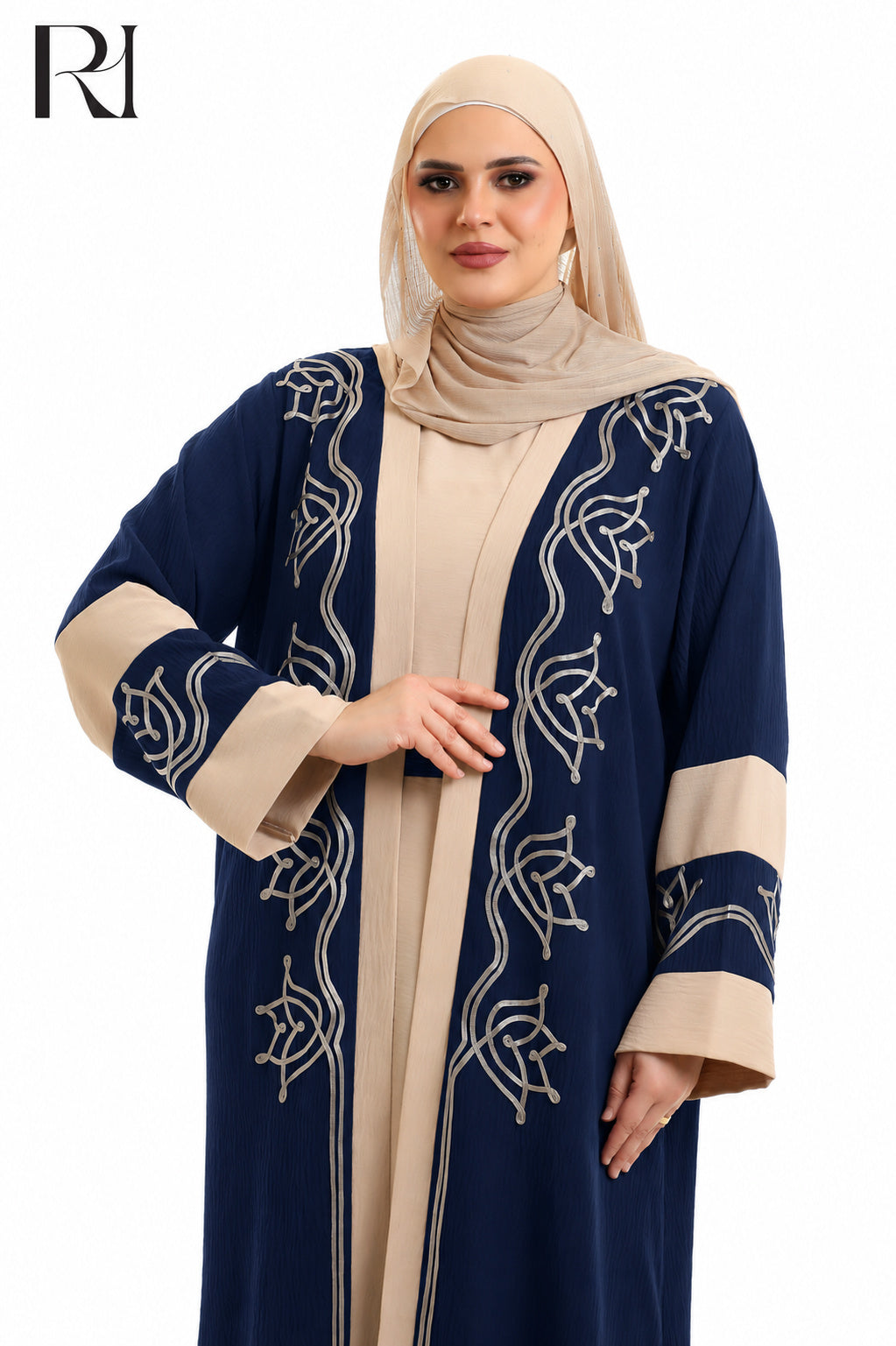 Samira Embroidered Crepe Abaya Set - Navy