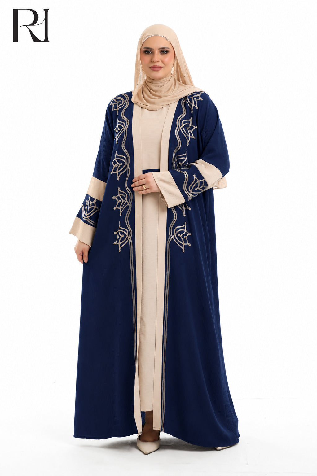 Samira Embroidered Crepe Abaya Set - Navy