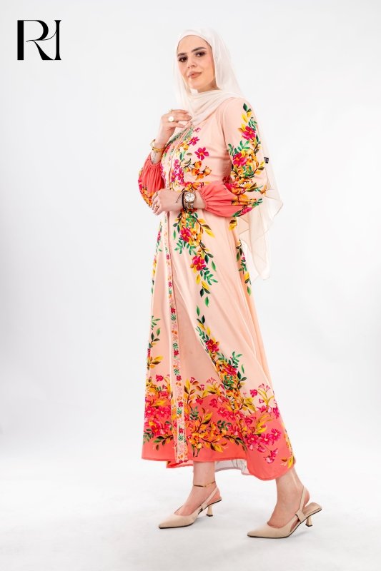 Noha Floral Print Maxi Dress with Long Sleeves and Front Button Fastening - Ruehaya