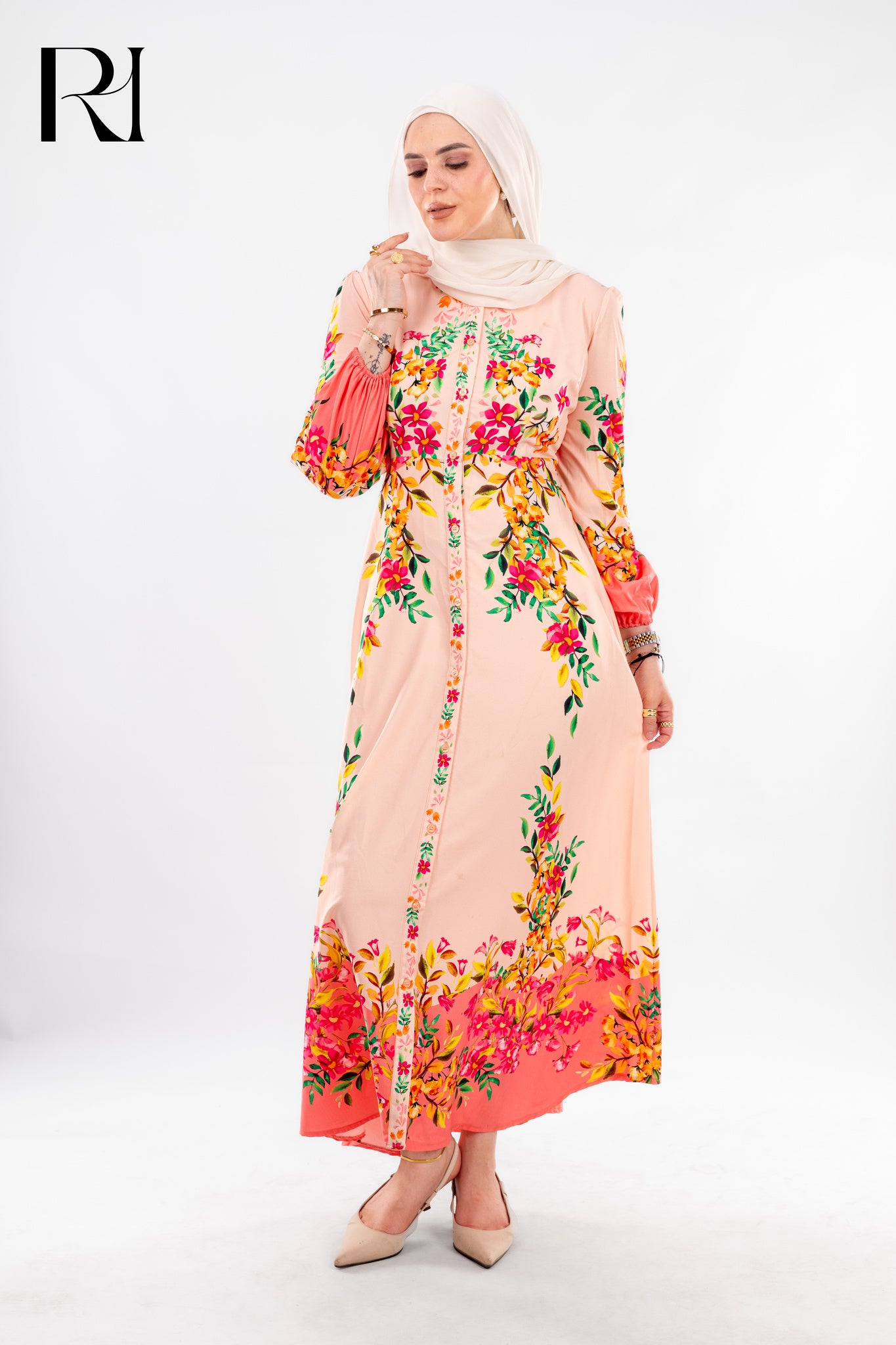 Noha Floral Print Maxi Dress with Long Sleeves and Front Button Fastening - Ruehaya