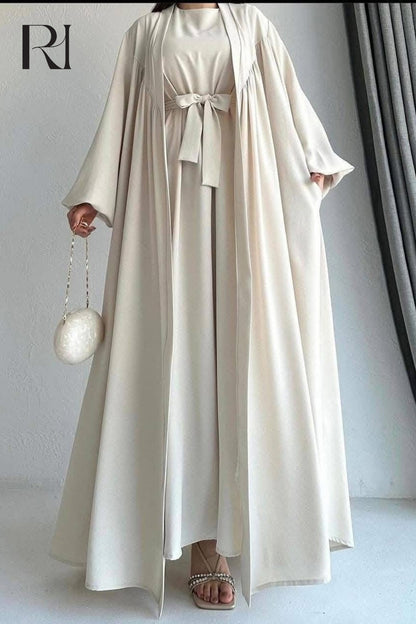 Off white Flowy Abaya Set - Ruehaya