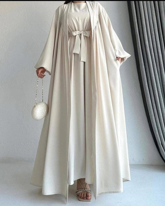 Off white Flowy Abaya Set - Ruehaya