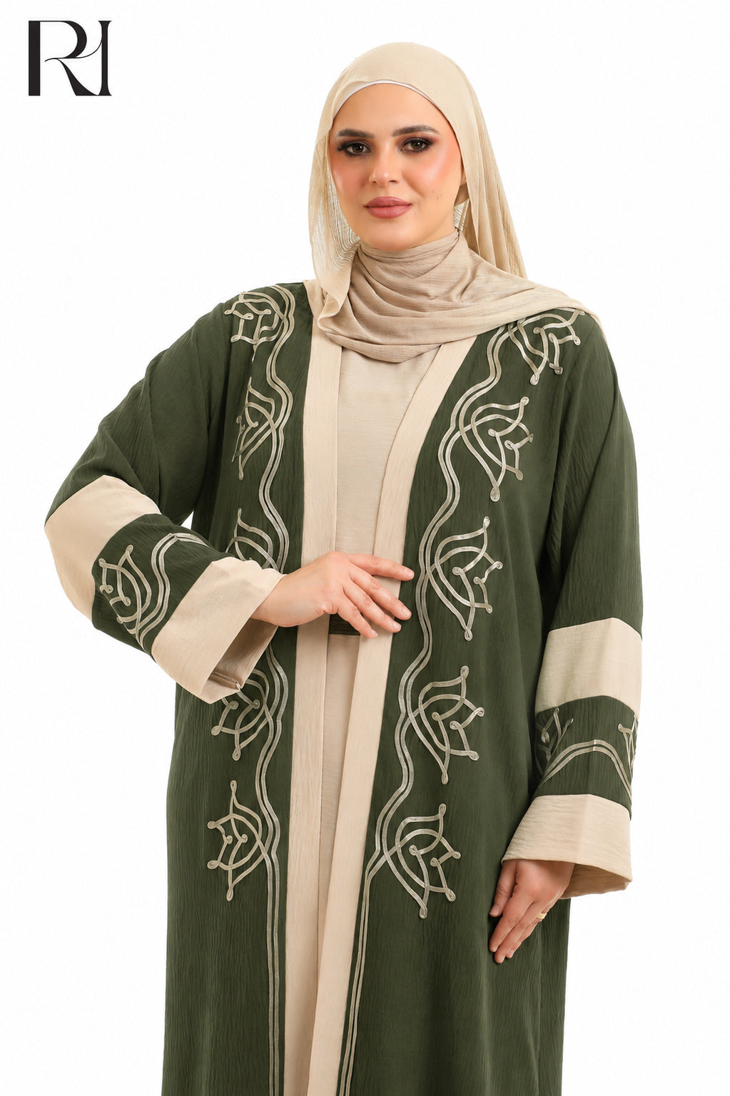 Samira Embroidered Crepe Abaya Set - Olive Green