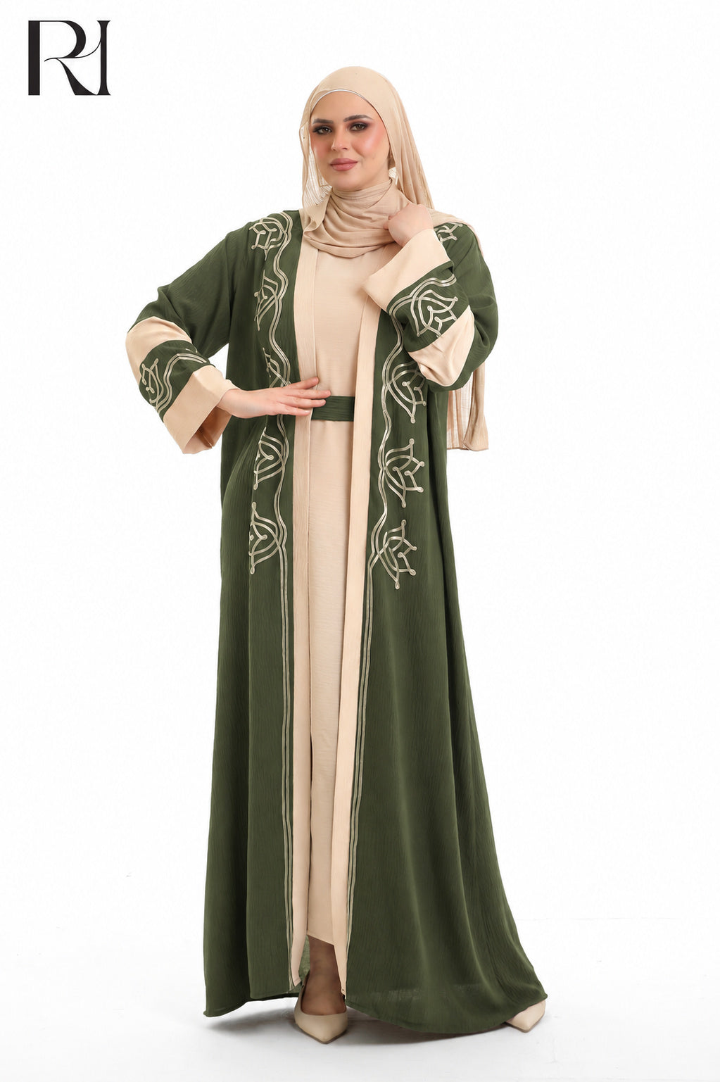 Samira Embroidered Crepe Abaya Set - Olive Green