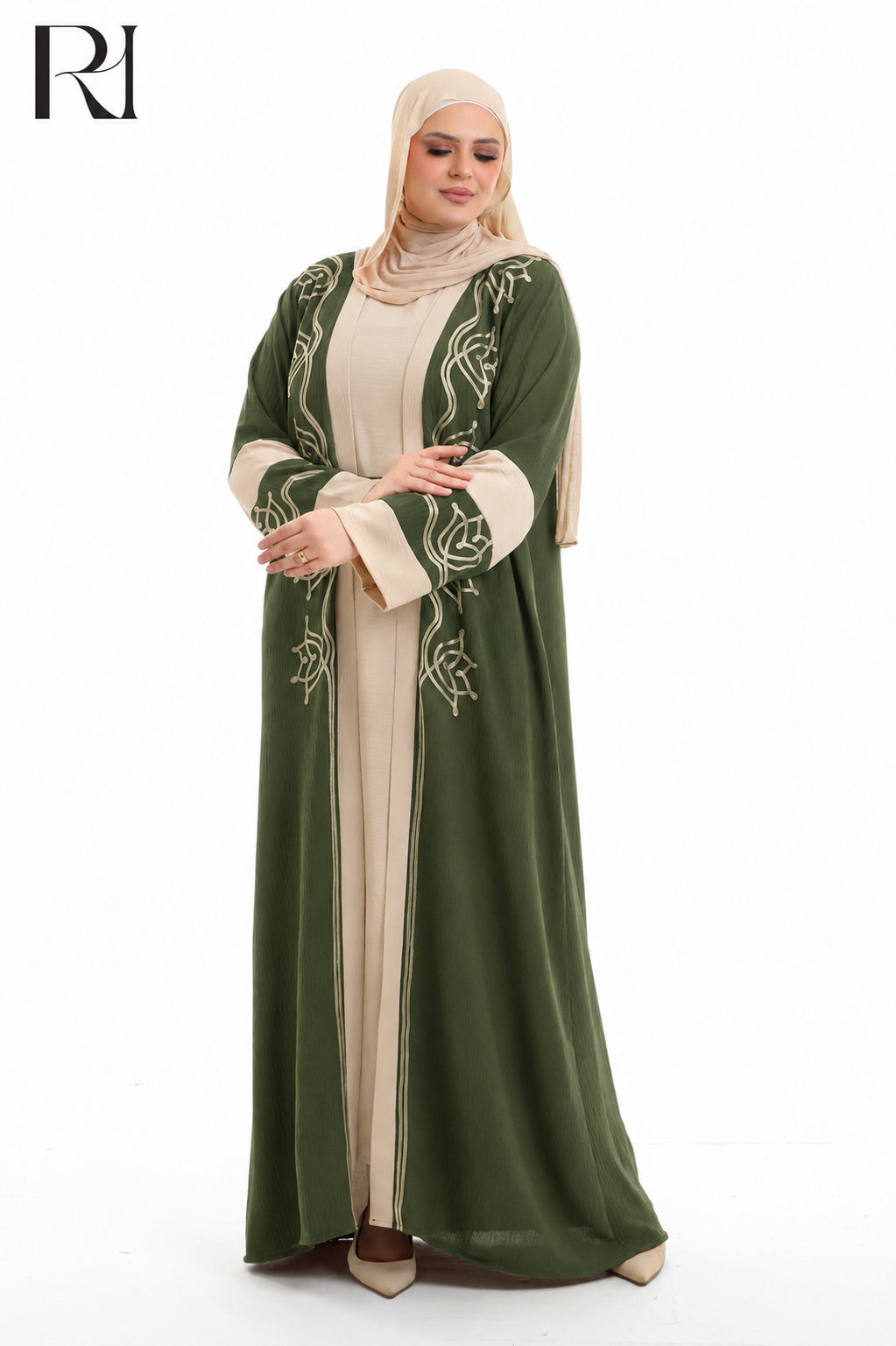 Samira Embroidered Crepe Abaya Set - Olive Green