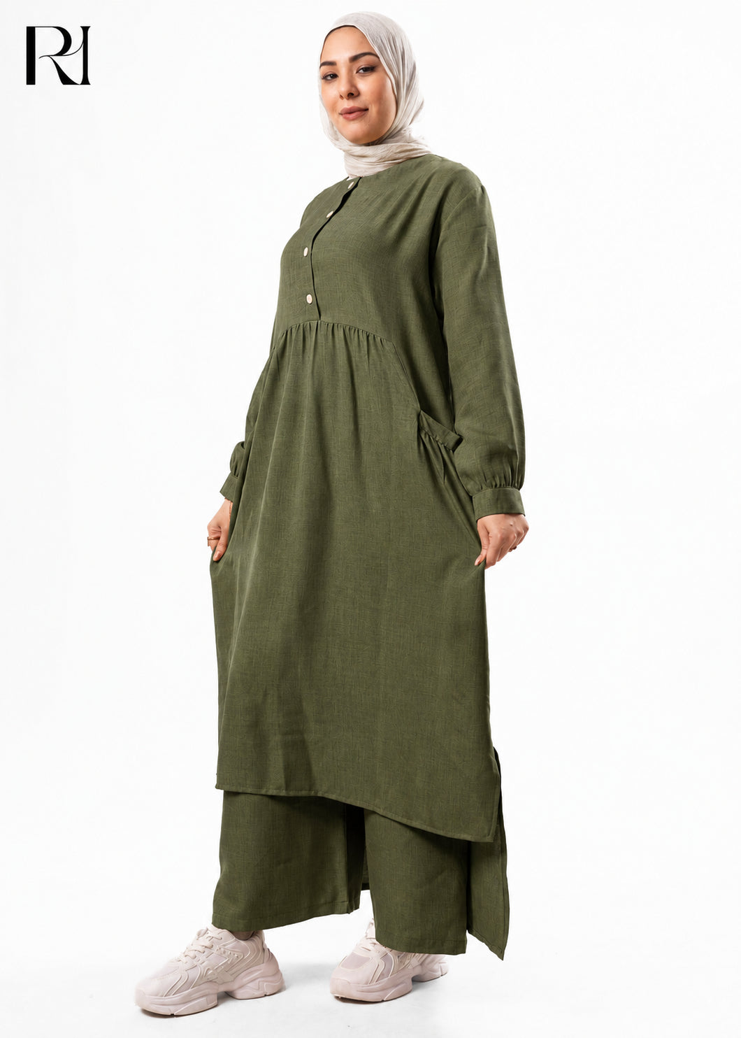 Maram Linen Blend Two-Piece Modest Set – Olive Green