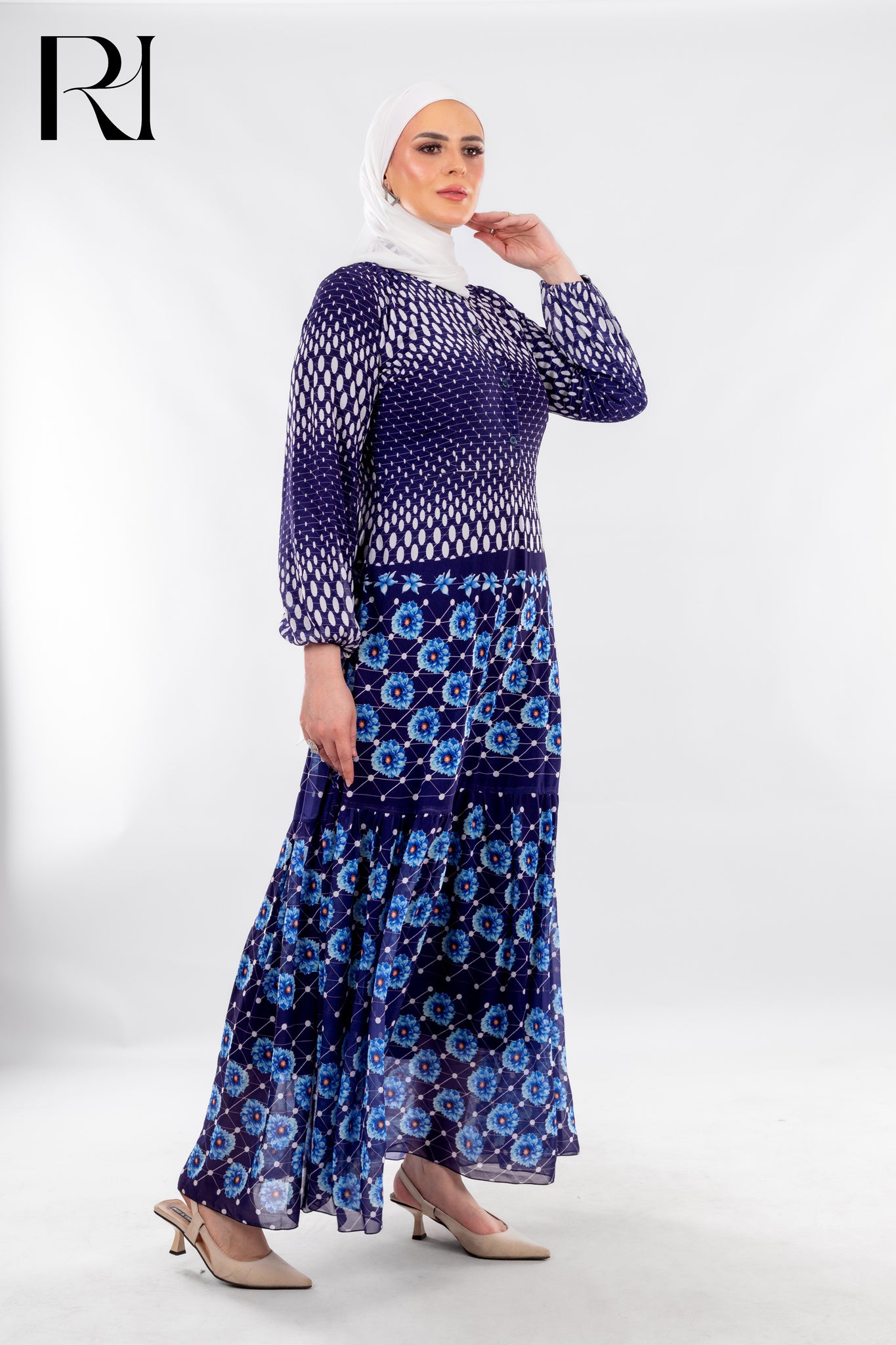 Ornamental Blue Print Dress with Boho Spirit - Ruehaya