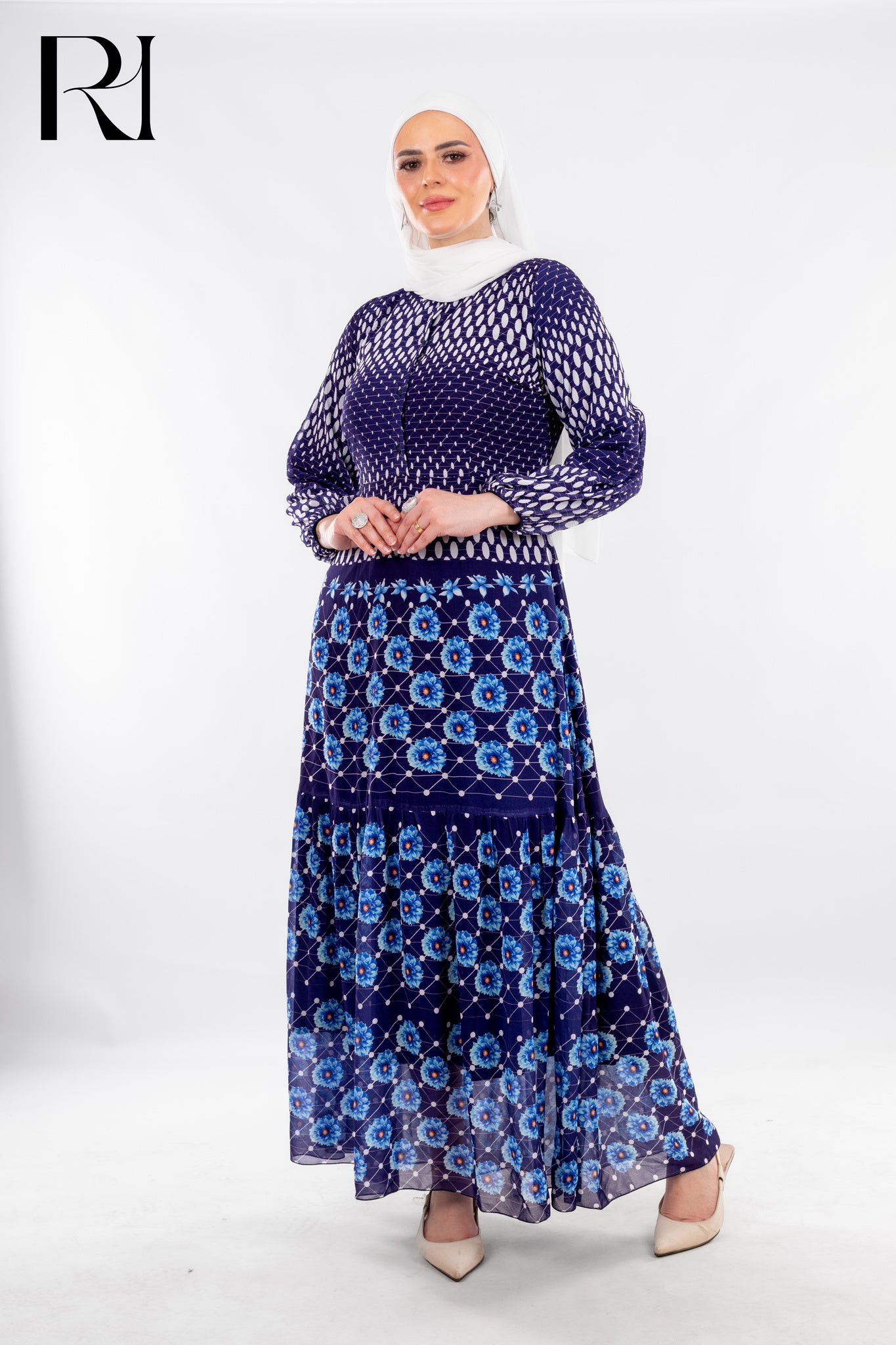 Ornamental Blue Print Dress with Boho Spirit - Ruehaya