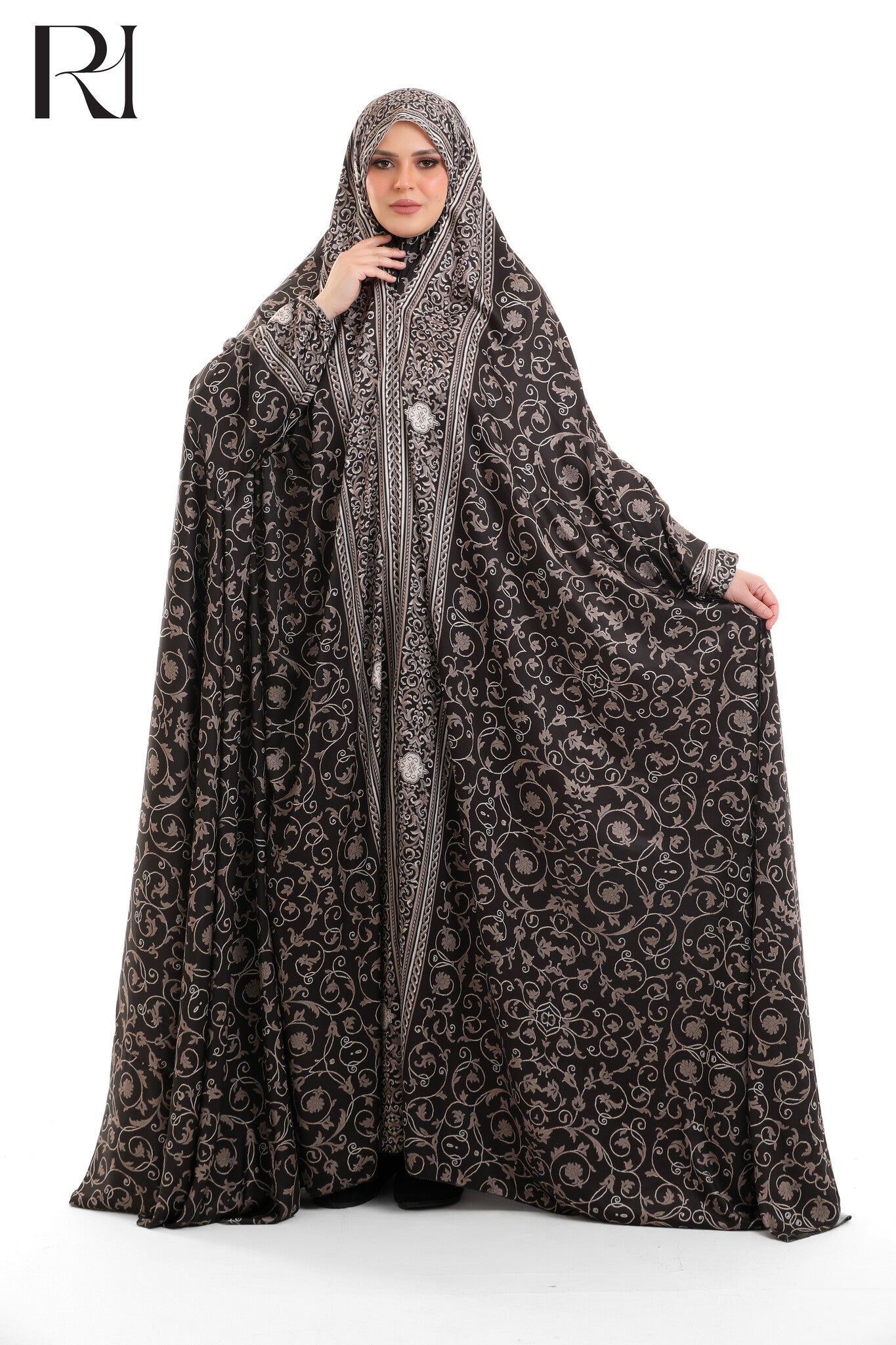 Noor Printed Blended Satin Prayer Gown - Dark Brown