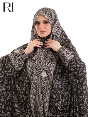 Noor Printed Blended Satin Prayer Gown - Dark Brown