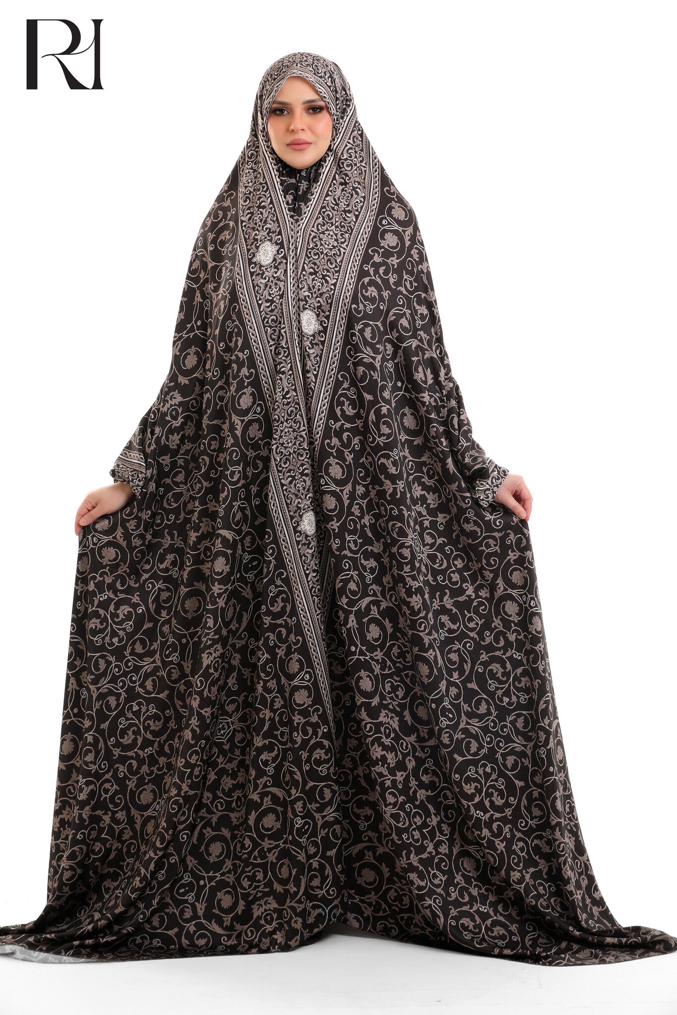 Noor Printed Blended Satin Prayer Gown - Dark Brown