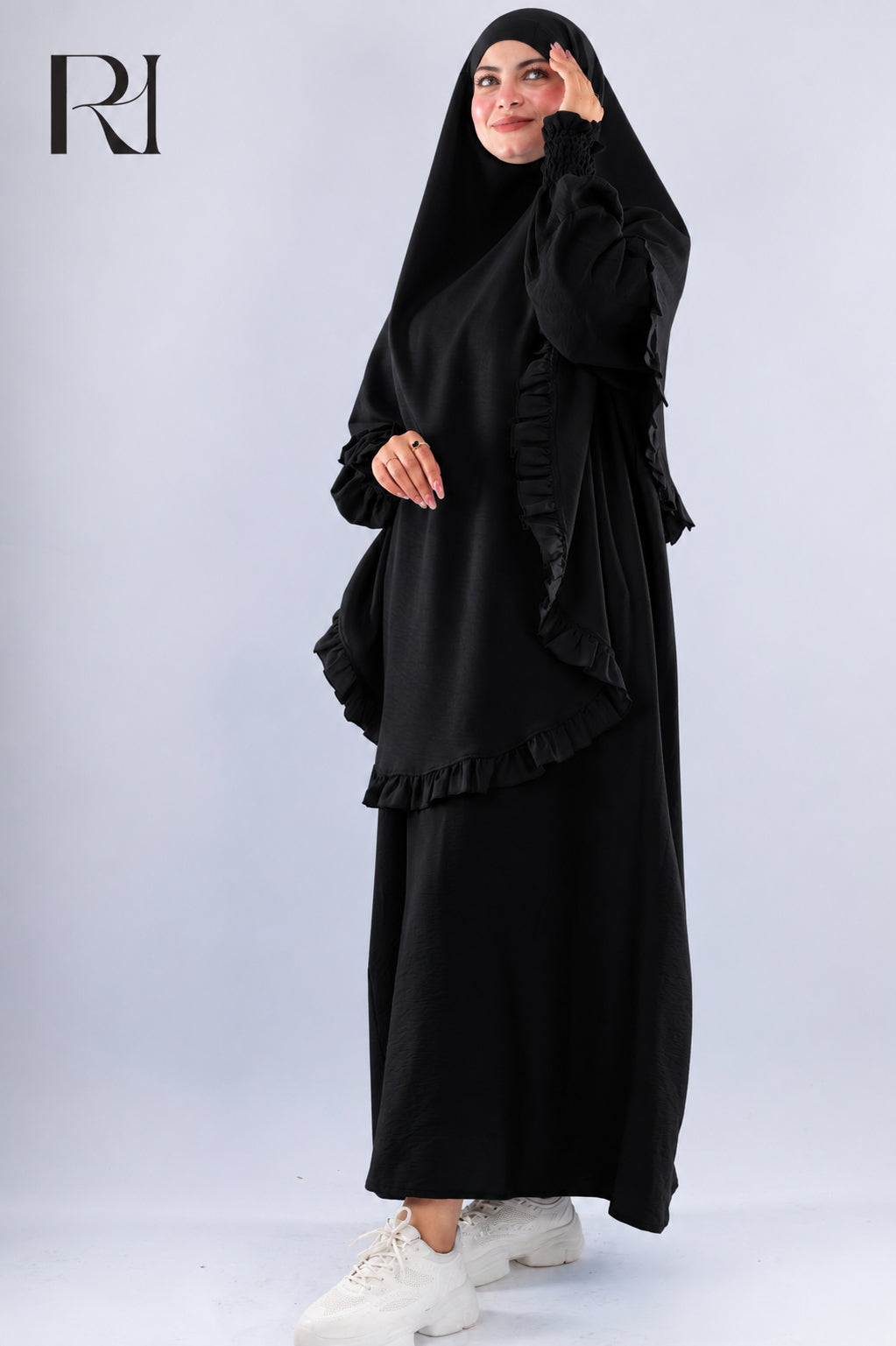 Radia Ruflles Linen Blend Prayer Set - Black