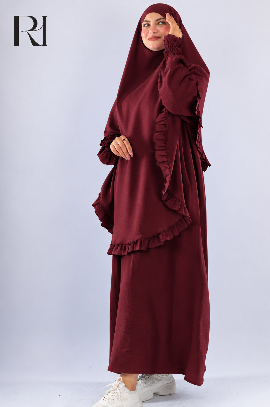 Radia Ruflles Linen Blend Prayer Set - Burgundy