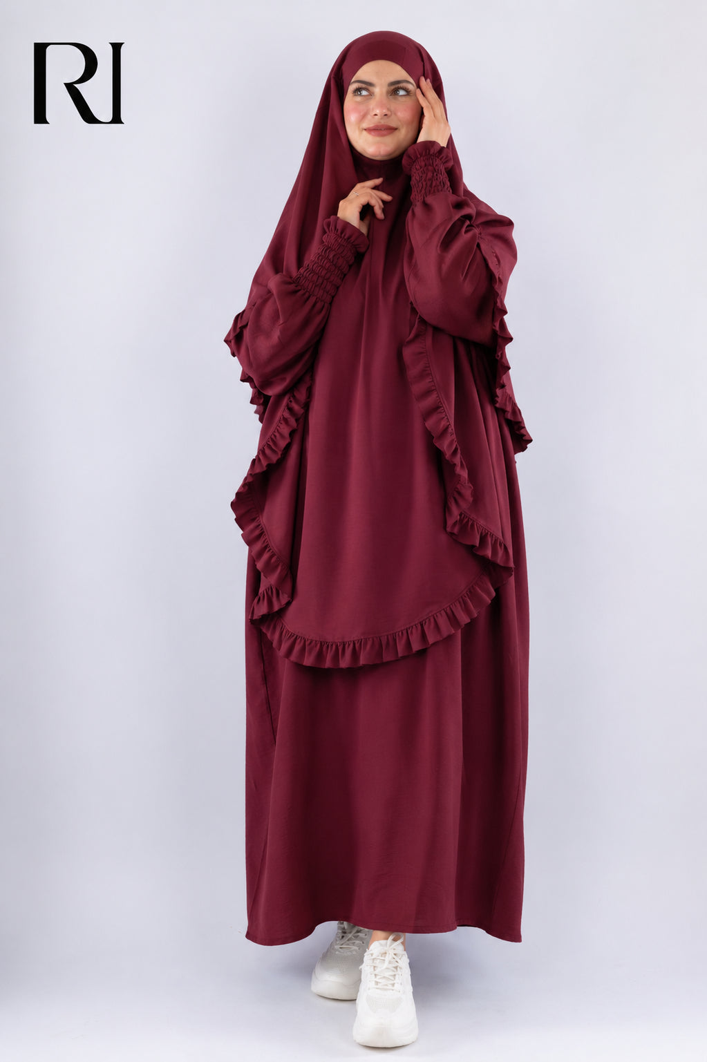 Radia Ruflles Linen Blend Prayer Set - Burgundy