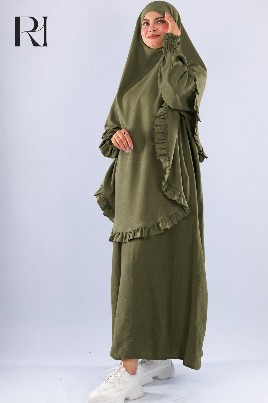 Radia Ruflles Linen Blend Prayer Set - Olive Green